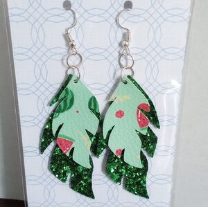 Green‎ Watermelon Glitter Faux Leather Handcrafted New Earrings